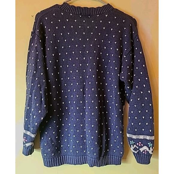 Vintage Women's Medium Heavy Knit V-neck Sweater Blue Hearts Flowers Grandma Mom - Picture 4 of 5